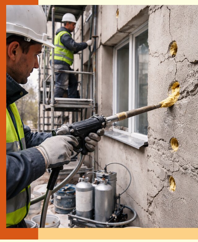 Заполнение пустот в фасаде и утепление стен в Североморске